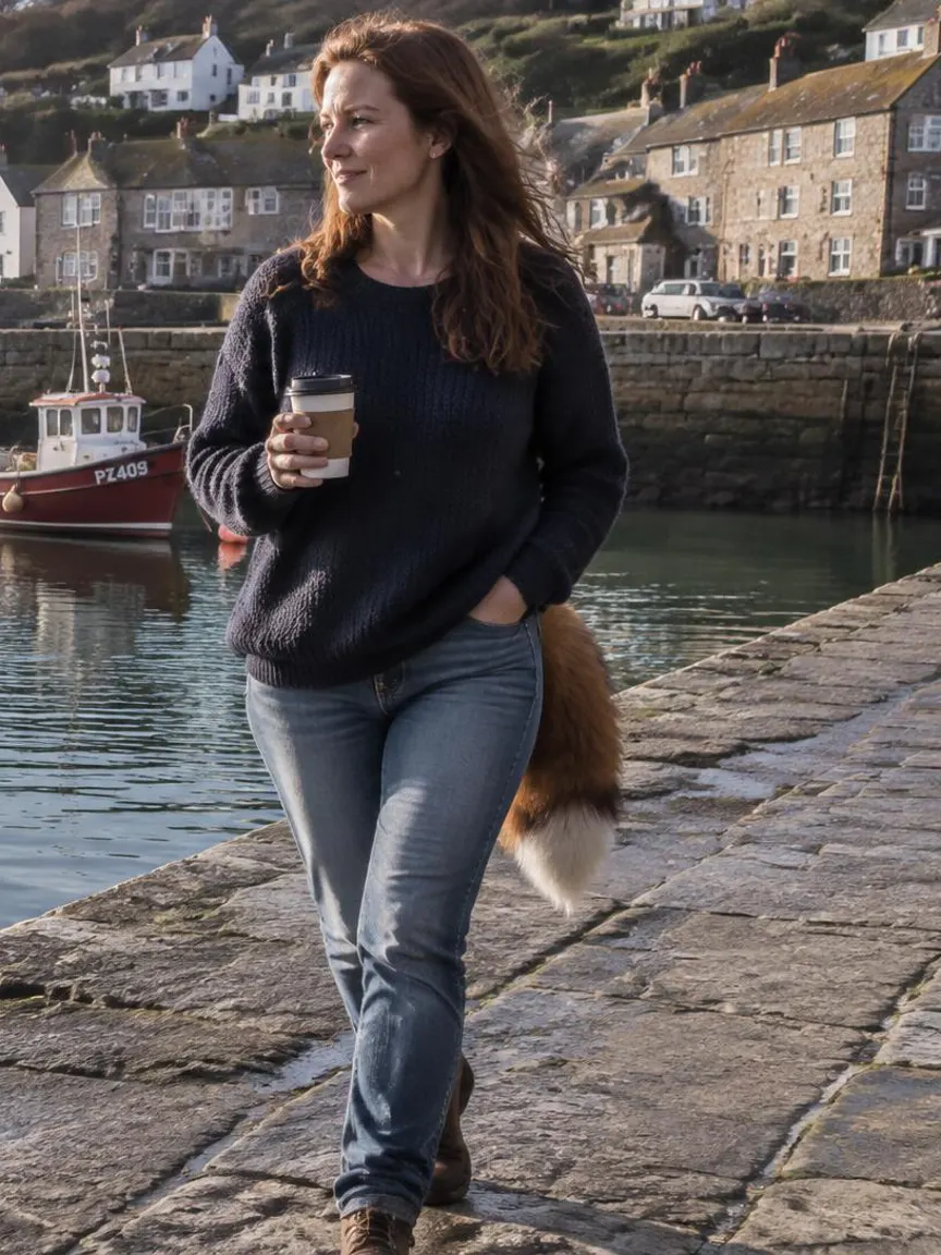 A woman walking along a Cornish harbour wall with a large fox tail — website design for tradesmen in Cornwall