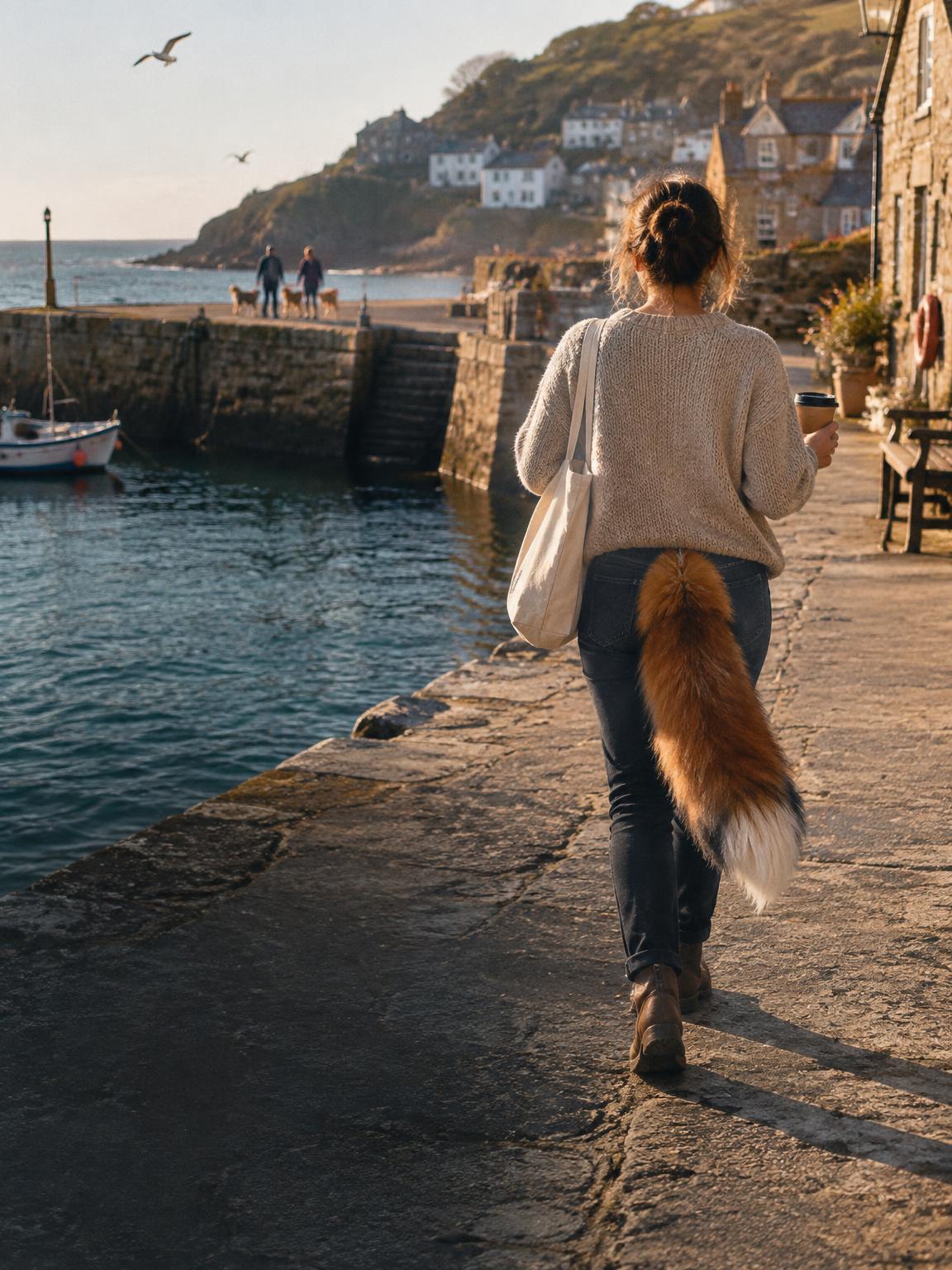A woman walking along a Cornish harbour wall with a large fox tail — website design for cafes & restaurants in Cornwall